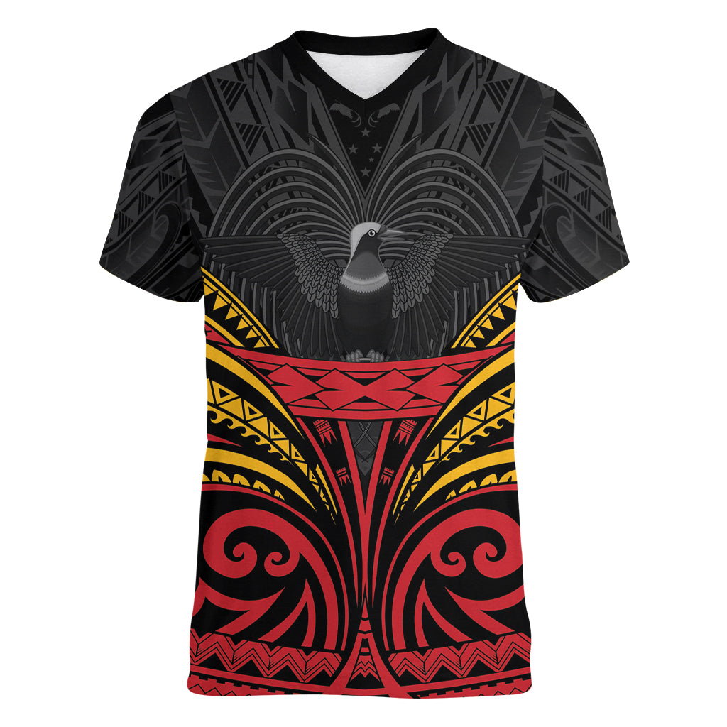 Custom Papua New Guinea Cricket Women V-Neck T-Shirt PNG Emblem Mix Polyneisan Pattern