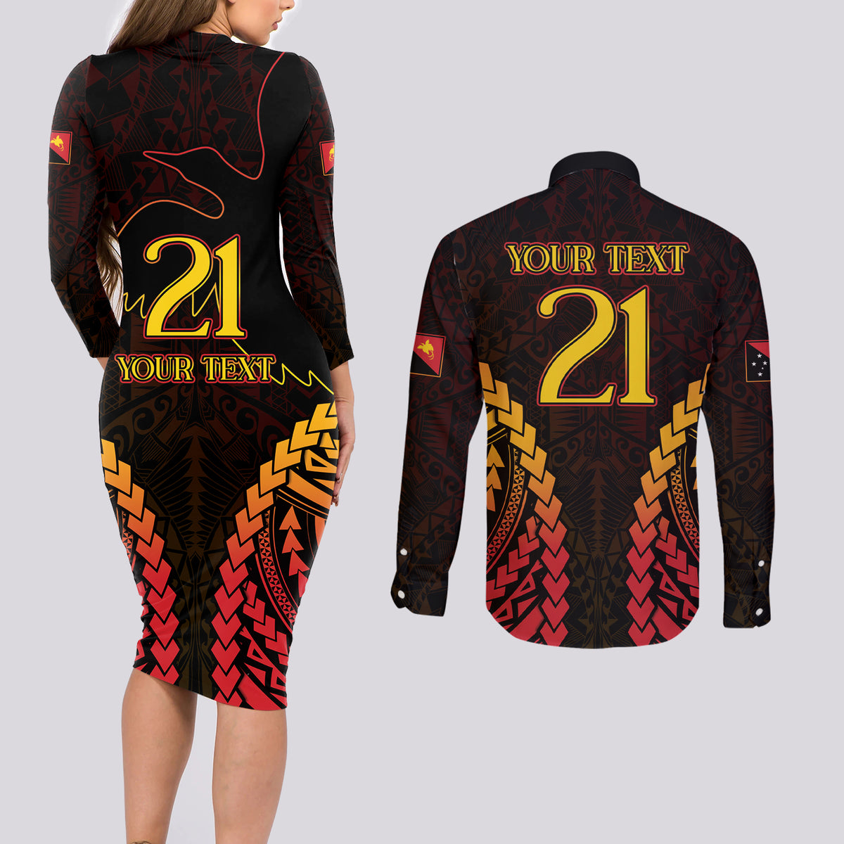 Custom Papua New Guinea Cricket Couples Matching Long Sleeve Bodycon Dress and Long Sleeve Button Shirt Go Barramundis