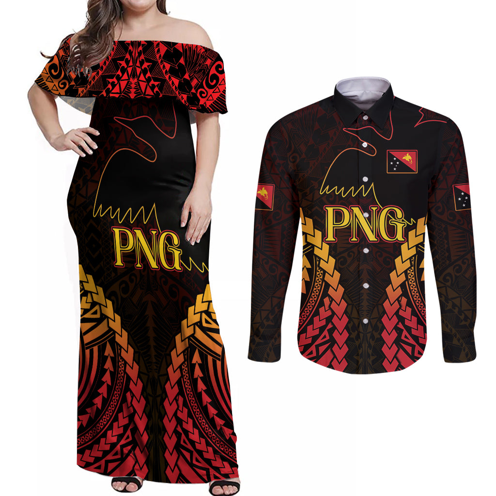 Custom Papua New Guinea Cricket Couples Matching Off Shoulder Maxi Dress and Long Sleeve Button Shirt Go Barramundis