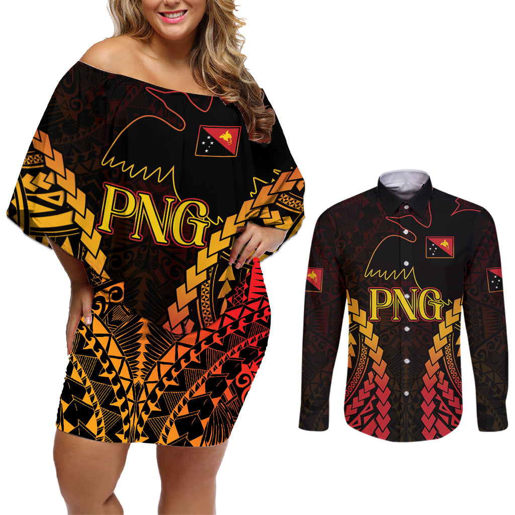 Custom Papua New Guinea Cricket Couples Matching Off Shoulder Short Dress and Long Sleeve Button Shirt Go Barramundis