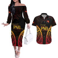 Custom Papua New Guinea Cricket Couples Matching Off The Shoulder Long Sleeve Dress and Hawaiian Shirt Go Barramundis