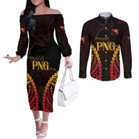 Custom Papua New Guinea Cricket Couples Matching Off The Shoulder Long Sleeve Dress and Long Sleeve Button Shirt Go Barramundis