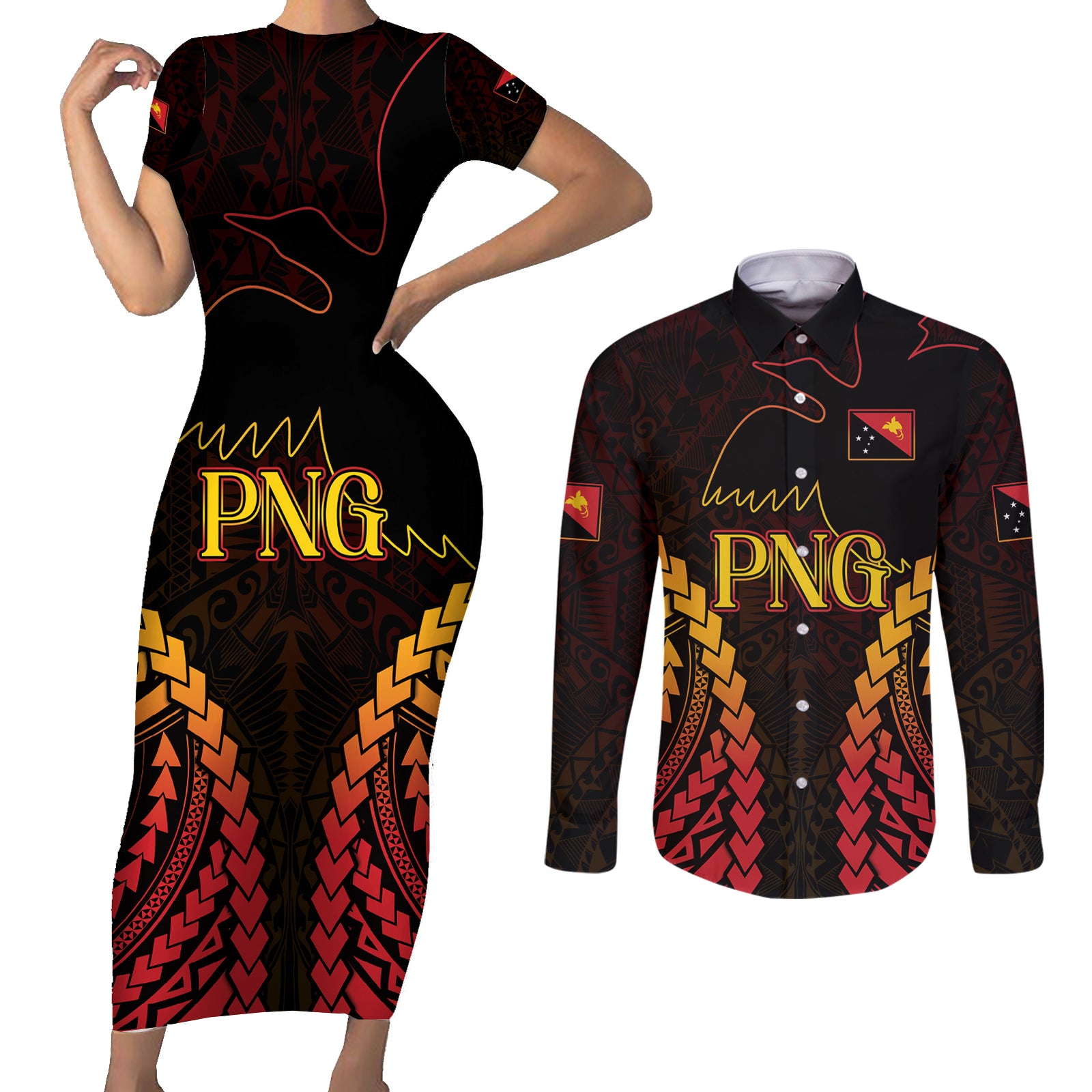 Custom Papua New Guinea Cricket Couples Matching Short Sleeve Bodycon Dress and Long Sleeve Button Shirt Go Barramundis