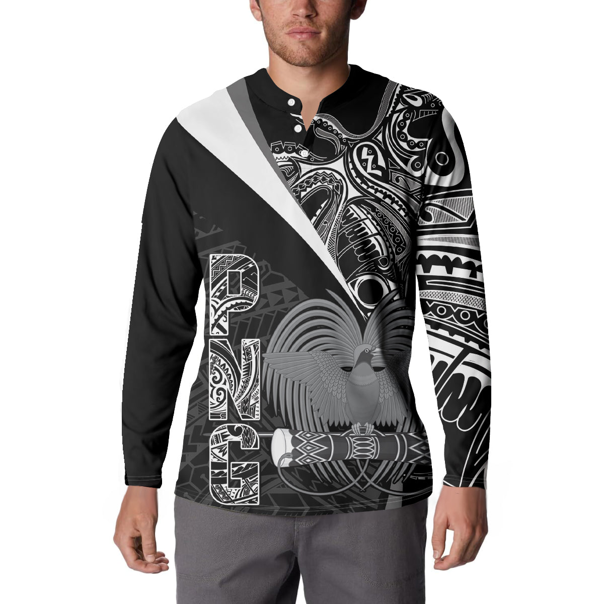 Custom Papua New Guinea Cricket Button Sweatshirt Tribal Bird of Paradise Tattoo