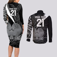Custom Papua New Guinea Cricket Couples Matching Long Sleeve Bodycon Dress and Long Sleeve Button Shirt Tribal Bird of Paradise Tattoo
