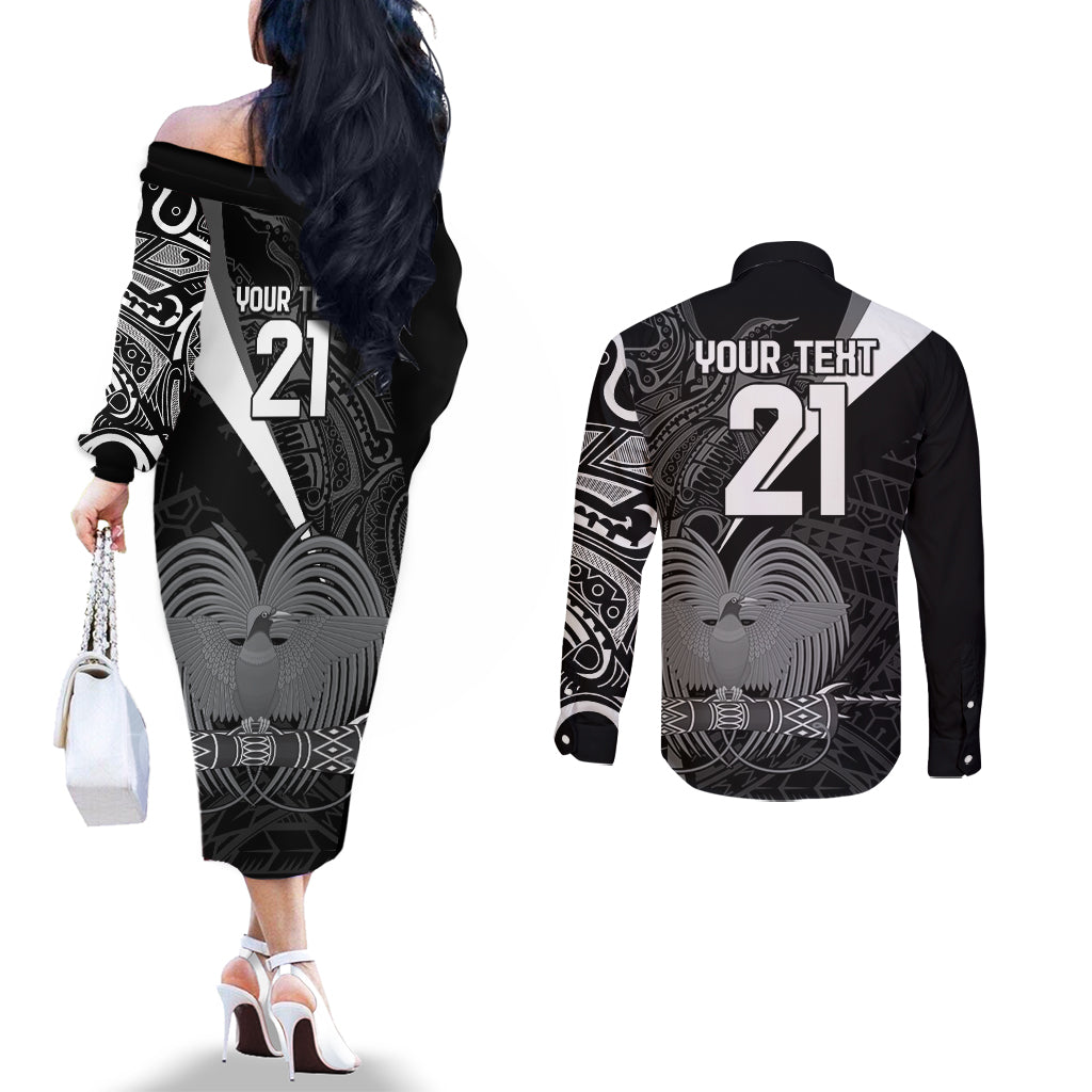 Custom Papua New Guinea Cricket Couples Matching Off The Shoulder Long Sleeve Dress and Long Sleeve Button Shirt Tribal Bird of Paradise Tattoo