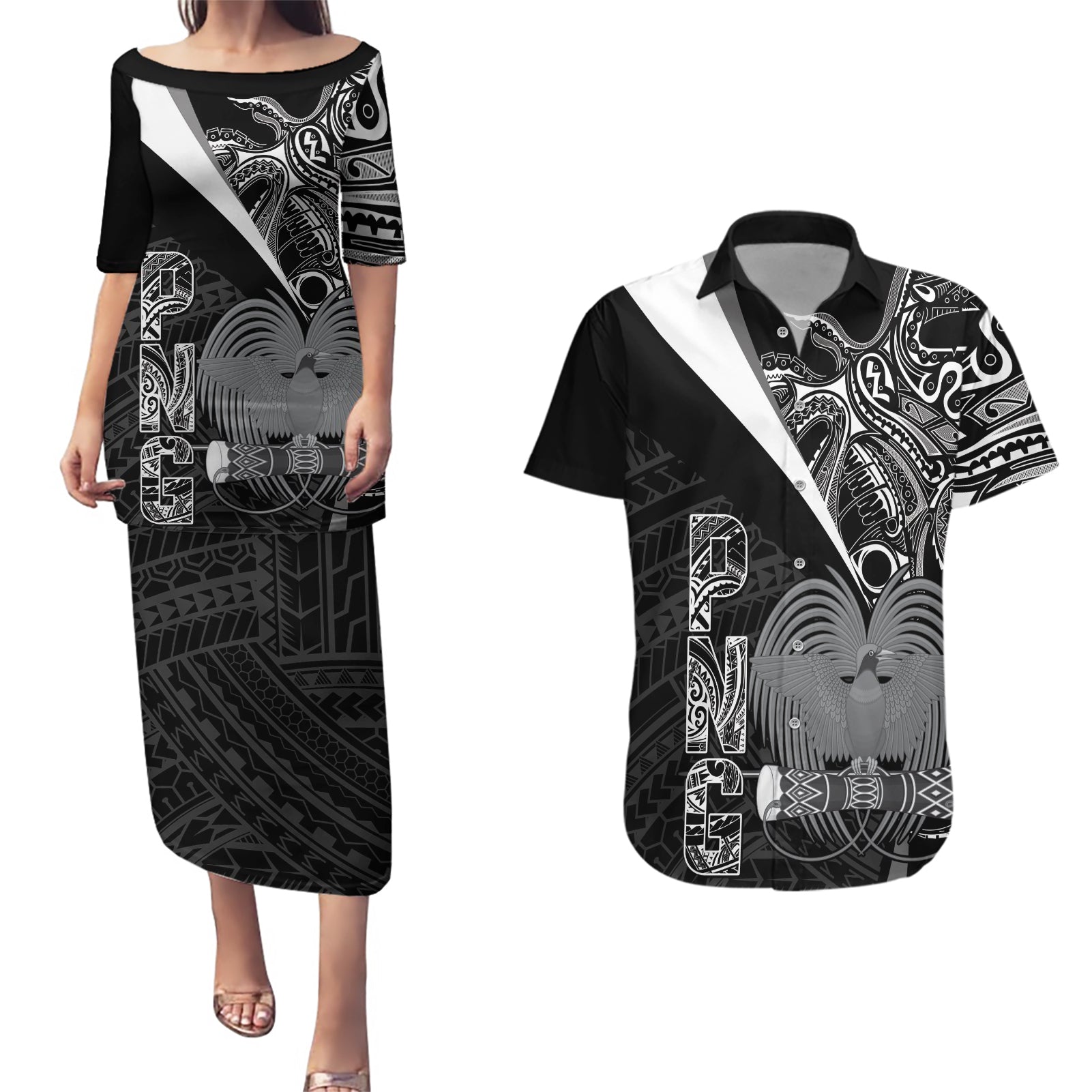 Custom Papua New Guinea Cricket Couples Matching Puletasi and Hawaiian Shirt Tribal Bird of Paradise Tattoo
