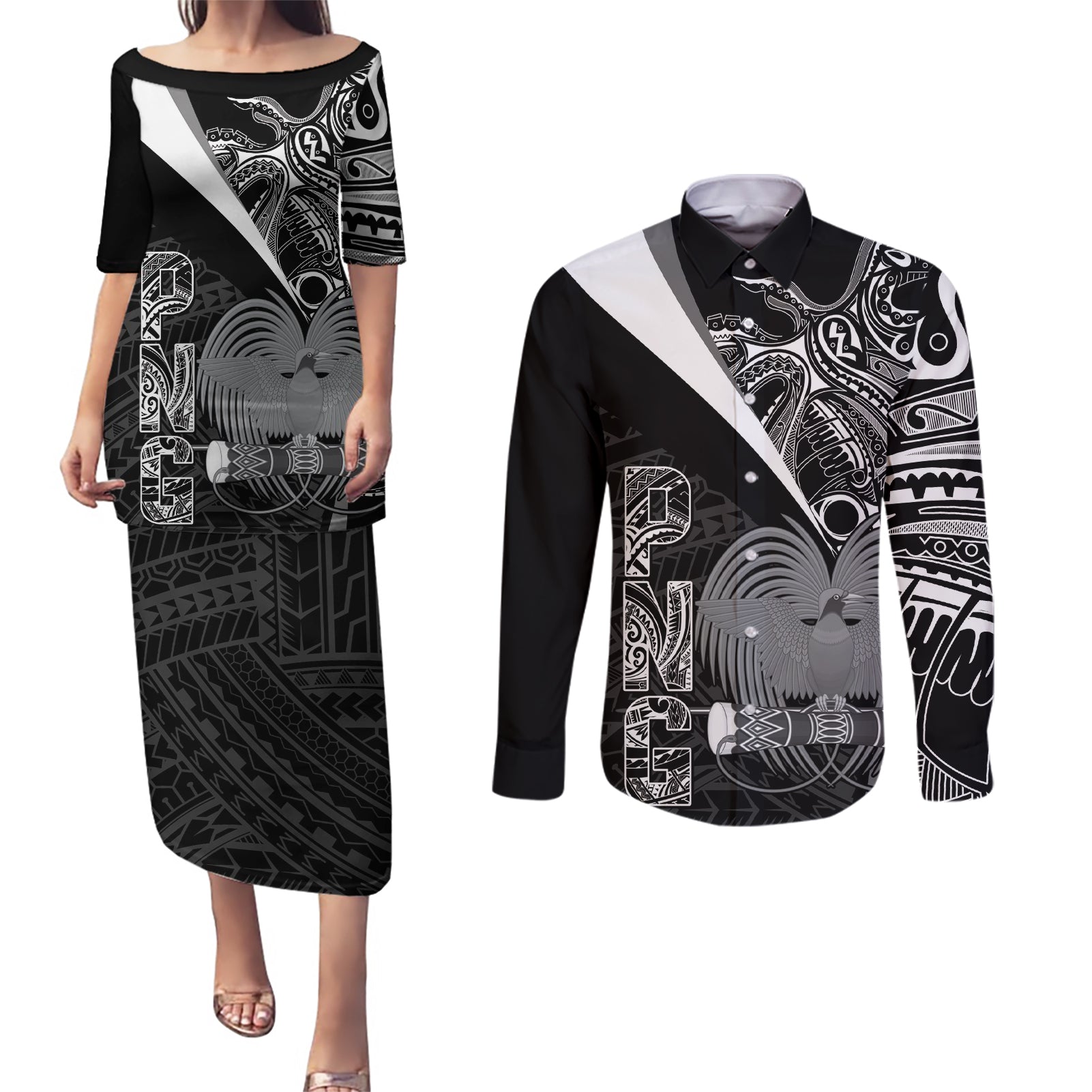 Custom Papua New Guinea Cricket Couples Matching Puletasi and Long Sleeve Button Shirt Tribal Bird of Paradise Tattoo