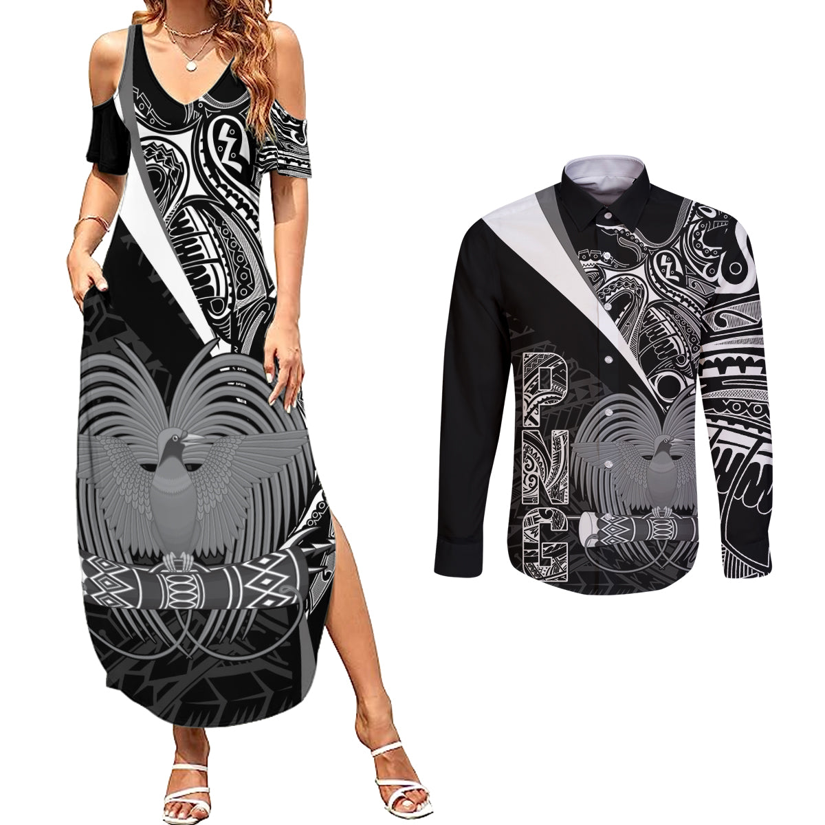 Custom Papua New Guinea Cricket Couples Matching Summer Maxi Dress and Long Sleeve Button Shirt Tribal Bird of Paradise Tattoo