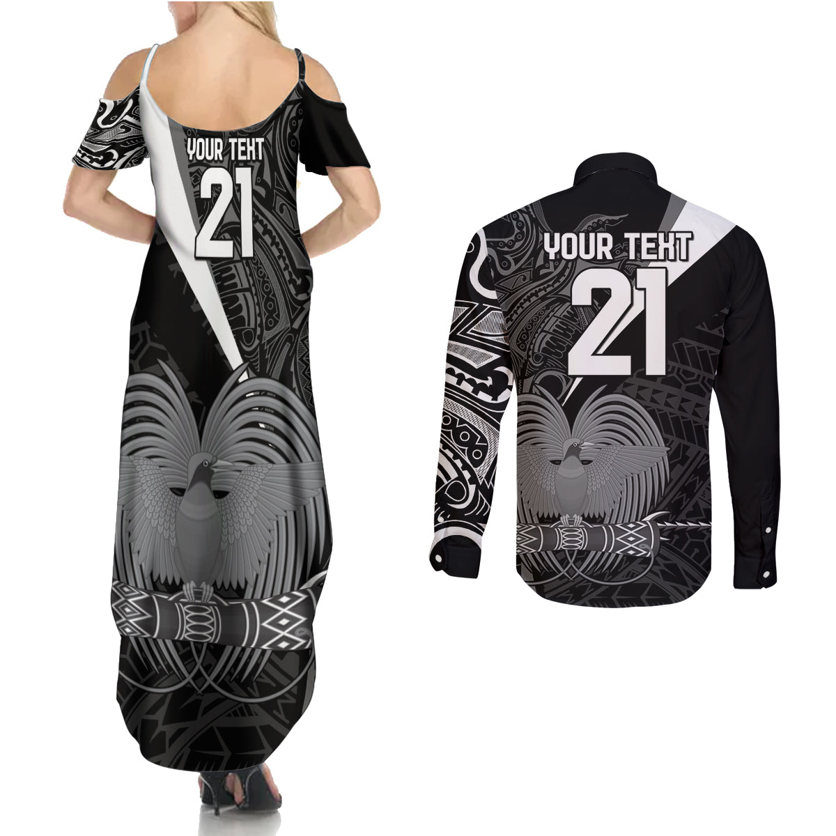 Custom Papua New Guinea Cricket Couples Matching Summer Maxi Dress and Long Sleeve Button Shirt Tribal Bird of Paradise Tattoo