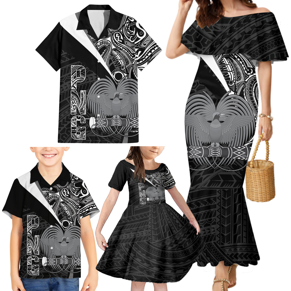 Custom Papua New Guinea Cricket Family Matching Mermaid Dress and Hawaiian Shirt Tribal Bird of Paradise Tattoo