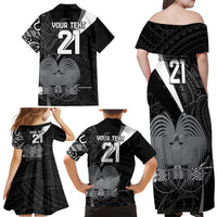 Custom Papua New Guinea Cricket Family Matching Off Shoulder Maxi Dress and Hawaiian Shirt Tribal Bird of Paradise Tattoo