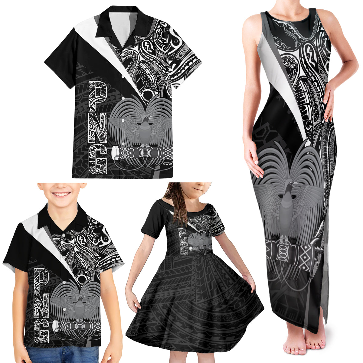 Custom Papua New Guinea Cricket Family Matching Tank Maxi Dress and Hawaiian Shirt Tribal Bird of Paradise Tattoo