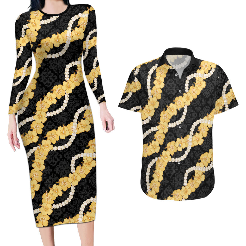 Aloha Melemele Hibiscus Pikake Lei Couples Matching Long Sleeve Bodycon Dress and Hawaiian Shirt Hawaiian Quilt Pattern