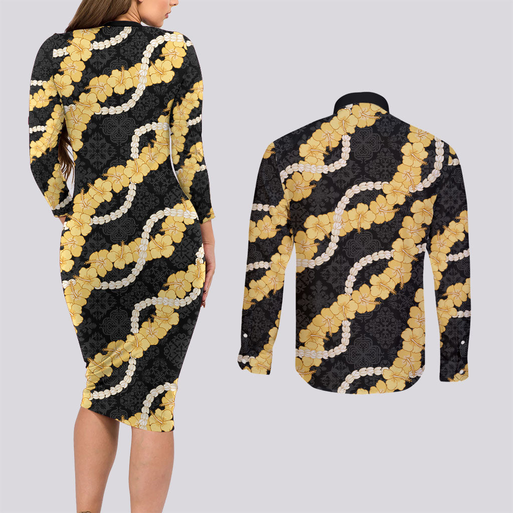 Aloha Melemele Hibiscus Pikake Lei Couples Matching Long Sleeve Bodycon Dress and Long Sleeve Button Shirt Hawaiian Quilt Pattern