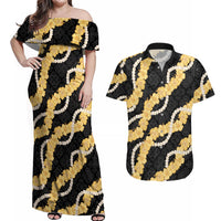 Aloha Melemele Hibiscus Pikake Lei Couples Matching Off Shoulder Maxi Dress and Hawaiian Shirt Hawaiian Quilt Pattern