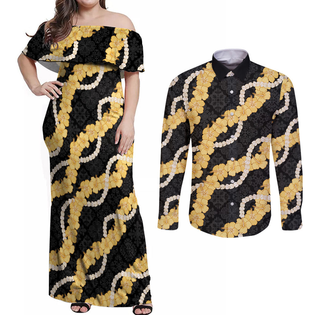 Aloha Melemele Hibiscus Pikake Lei Couples Matching Off Shoulder Maxi Dress and Long Sleeve Button Shirt Hawaiian Quilt Pattern