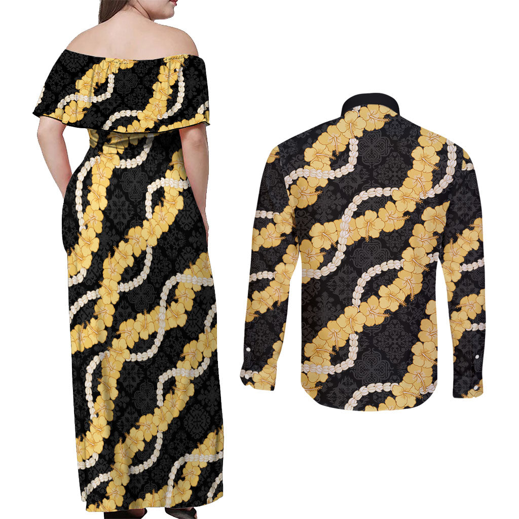 Aloha Melemele Hibiscus Pikake Lei Couples Matching Off Shoulder Maxi Dress and Long Sleeve Button Shirt Hawaiian Quilt Pattern