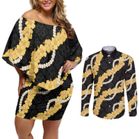 Aloha Melemele Hibiscus Pikake Lei Couples Matching Off Shoulder Short Dress and Long Sleeve Button Shirt Hawaiian Quilt Pattern