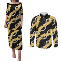Aloha Melemele Hibiscus Pikake Lei Couples Matching Puletasi and Long Sleeve Button Shirt Hawaiian Quilt Pattern