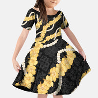 Aloha Melemele Hibiscus Pikake Lei Family Matching Long Sleeve Bodycon Dress and Hawaiian Shirt Hawaiian Quilt Pattern LT9 Daughter's Dress Black - Polynesian Pride