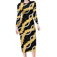 Aloha Melemele Hibiscus Pikake Lei Family Matching Long Sleeve Bodycon Dress and Hawaiian Shirt Hawaiian Quilt Pattern LT9 Mom's Dress Black - Polynesian Pride
