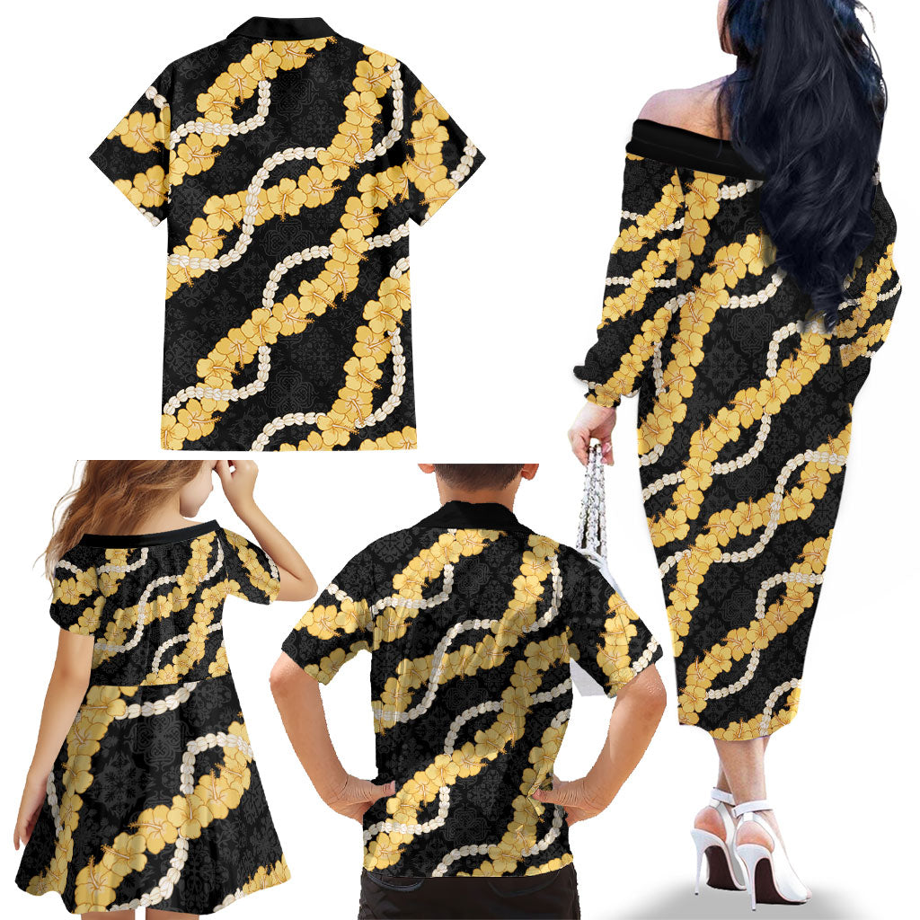 Aloha Melemele Hibiscus Pikake Lei Family Matching Off The Shoulder Long Sleeve Dress and Hawaiian Shirt Hawaiian Quilt Pattern LT9 - Polynesian Pride
