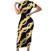 Aloha Melemele Hibiscus Pikake Lei Family Matching Short Sleeve Bodycon Dress and Hawaiian Shirt Hawaiian Quilt Pattern LT9 Mom's Dress Black - Polynesian Pride
