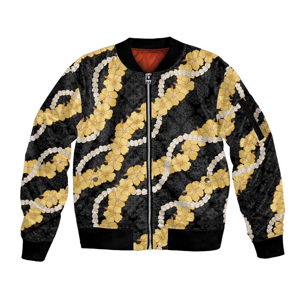 Aloha Melemele Hibiscus Pikake Lei Sleeve Zip Bomber Jacket Hawaiian Quilt Pattern