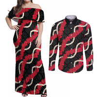 Aloha Ula'ula Hibiscus Pikake Lei Couples Matching Off Shoulder Maxi Dress and Long Sleeve Button Shirt Hawaiian Quilt Pattern