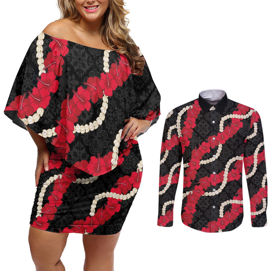 Aloha Ula'ula Hibiscus Pikake Lei Couples Matching Off Shoulder Short Dress and Long Sleeve Button Shirt Hawaiian Quilt Pattern