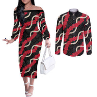 Aloha Ula'ula Hibiscus Pikake Lei Couples Matching Off The Shoulder Long Sleeve Dress and Long Sleeve Button Shirt Hawaiian Quilt Pattern