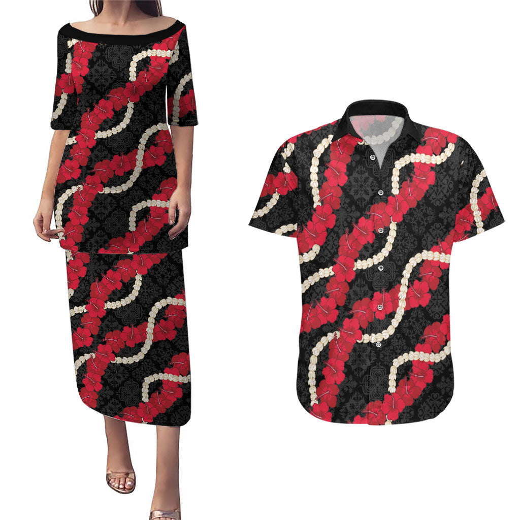 Aloha Ula'ula Hibiscus Pikake Lei Couples Matching Puletasi and Hawaiian Shirt Hawaiian Quilt Pattern