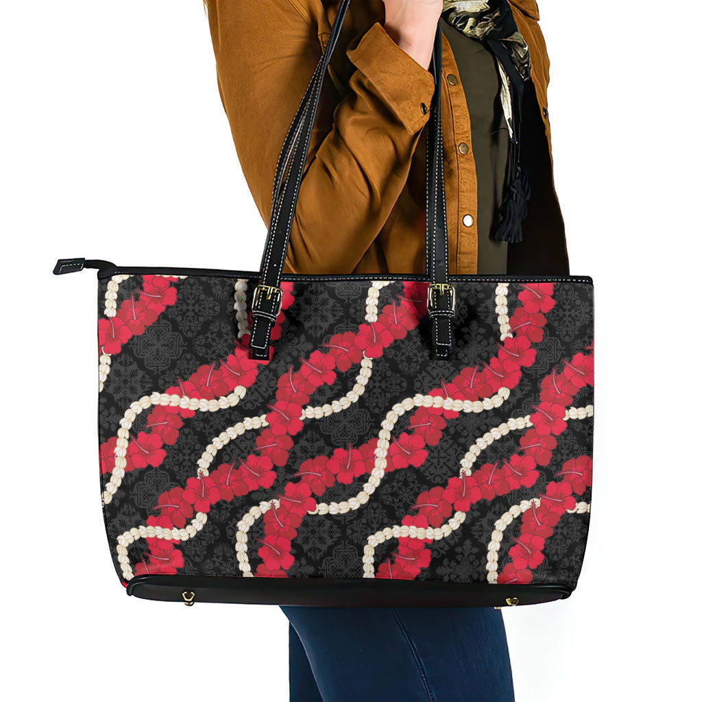 Aloha Ula'ula Hibiscus Pikake Lei Leather Tote Bag Hawaiian Quilt Pattern