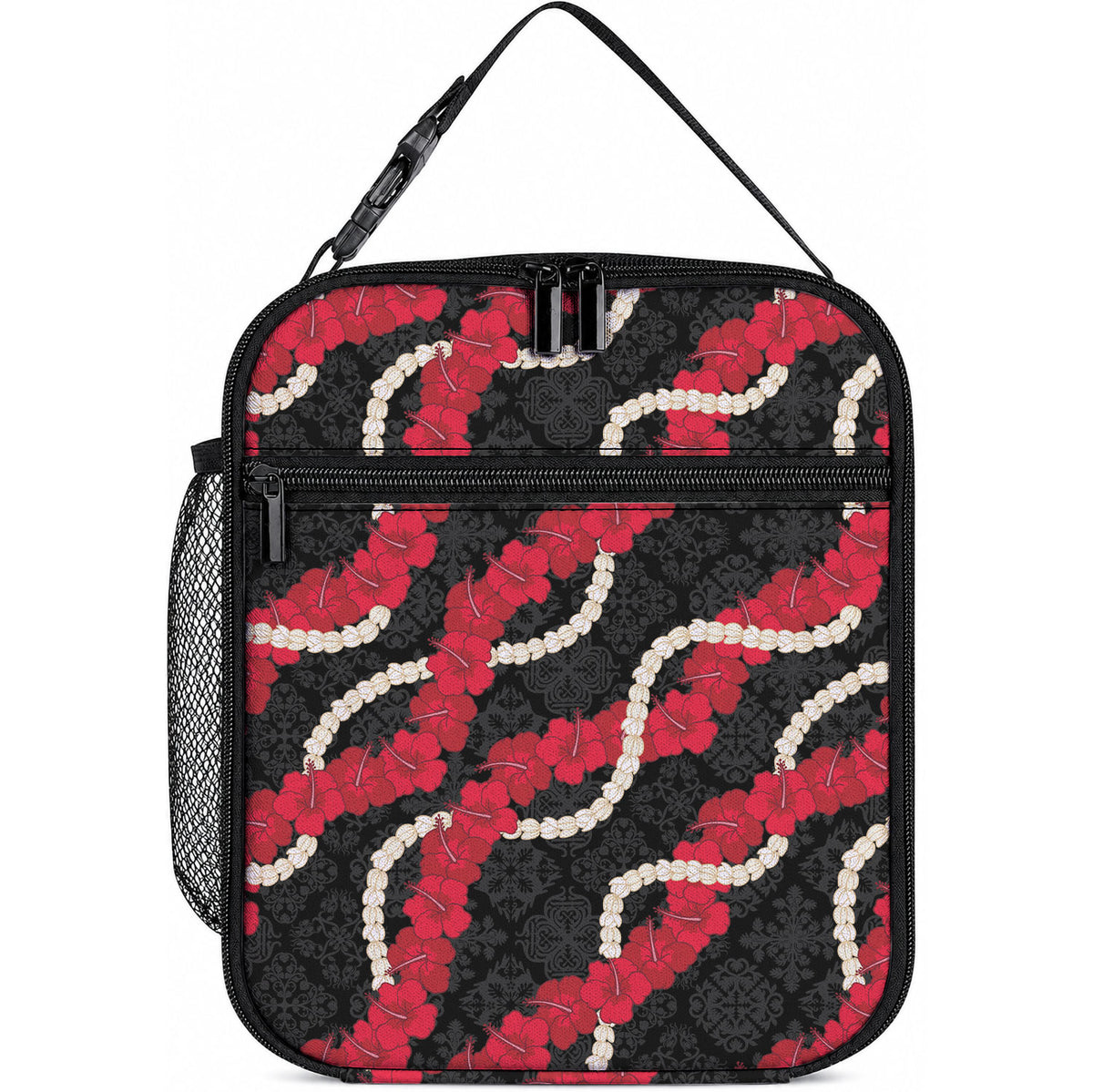 Aloha Ula'ula Hibiscus Pikake Lei Lunch Bag Hawaiian Quilt Pattern LT9 10.2 × 8.3 × 4.3 inch Black - Polynesian Pride