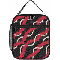 Aloha Ula'ula Hibiscus Pikake Lei Lunch Bag Hawaiian Quilt Pattern LT9 10.2 × 8.3 × 4.3 inch Black - Polynesian Pride