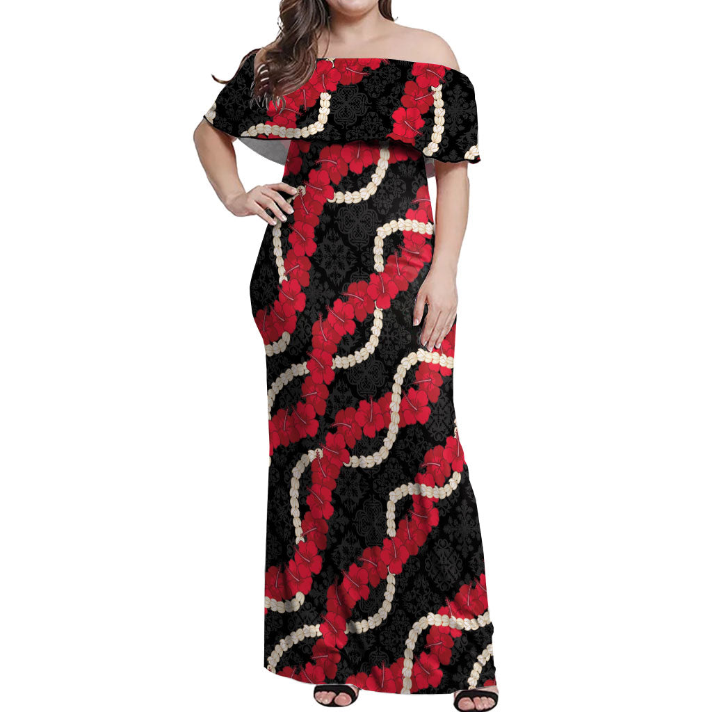 Aloha Ula'ula Hibiscus Pikake Lei Off Shoulder Maxi Dress Hawaiian Quilt Pattern