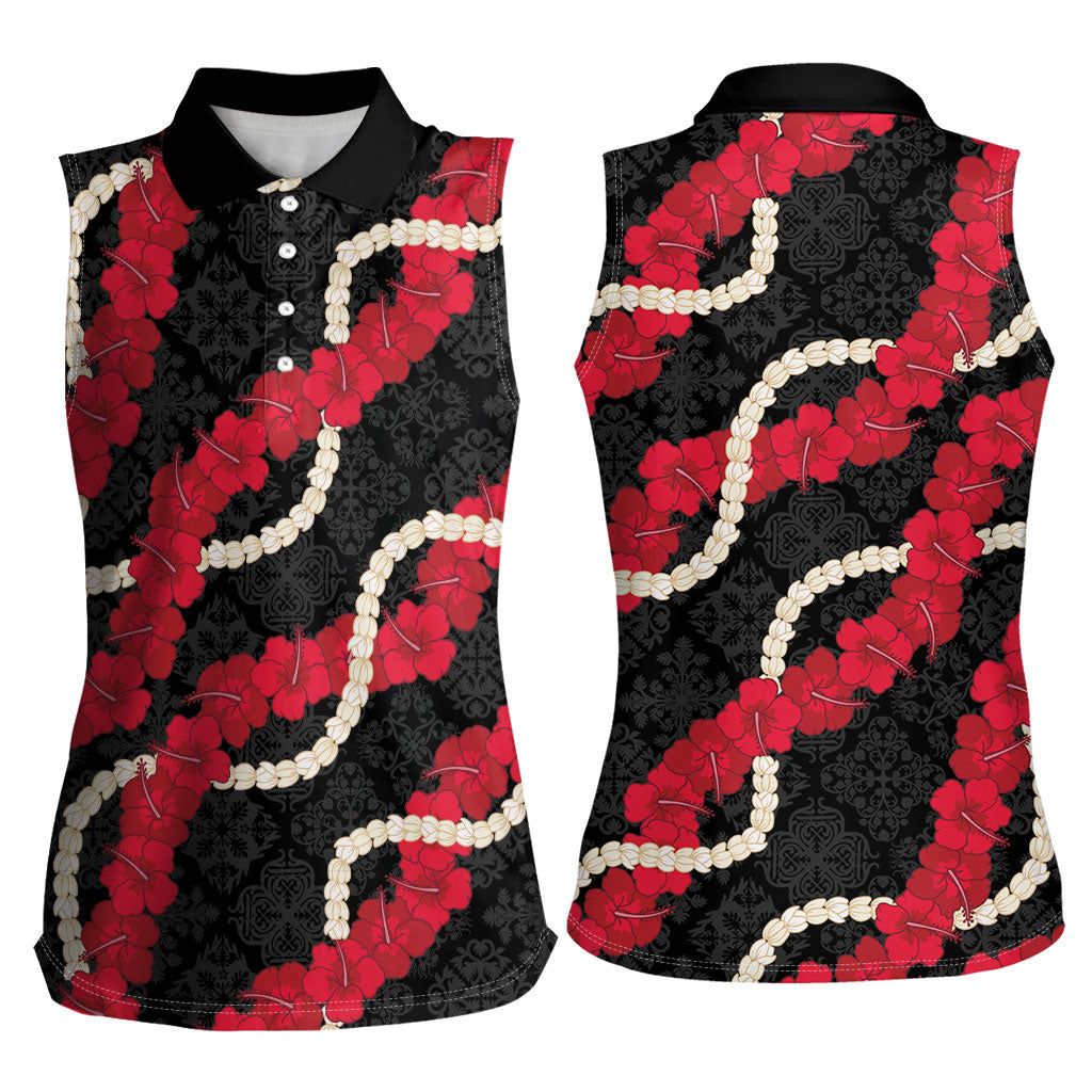 Aloha Ula'ula Hibiscus Pikake Lei Women Sleeveless Polo Shirt Hawaiian Quilt Pattern