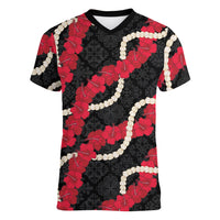 Aloha Ula'ula Hibiscus Pikake Lei Women V-Neck T-Shirt Hawaiian Quilt Pattern