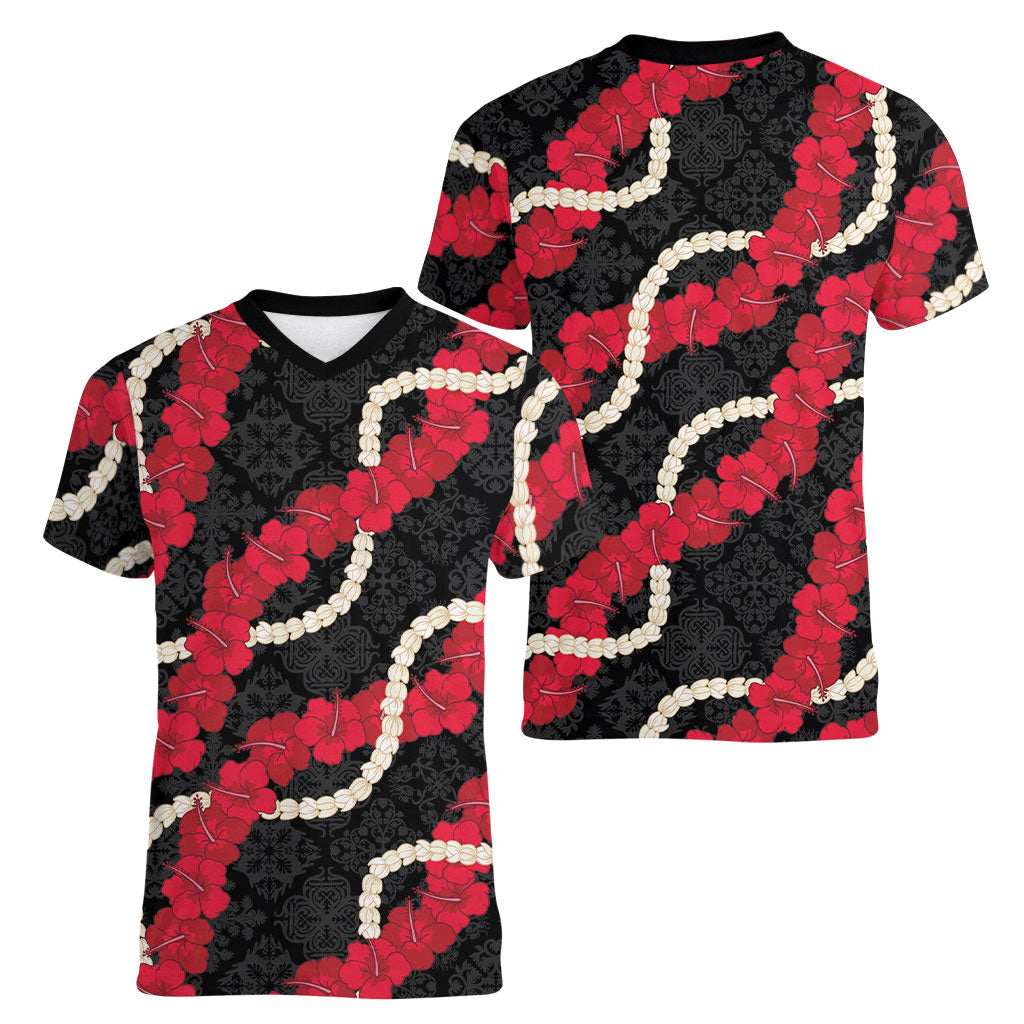 Aloha Ula'ula Hibiscus Pikake Lei Women V-Neck T-Shirt Hawaiian Quilt Pattern