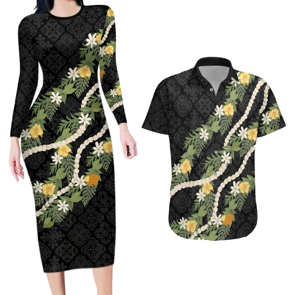 Puakenikeni Anthurium Pikake Lei Couples Matching Long Sleeve Bodycon Dress and Hawaiian Shirt Hawaiian Quilt Pattern