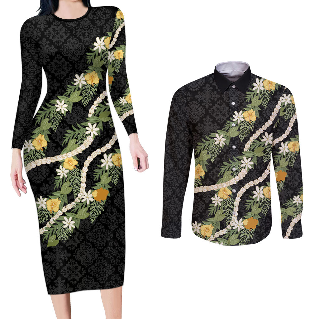 Puakenikeni Anthurium Pikake Lei Couples Matching Long Sleeve Bodycon Dress and Long Sleeve Button Shirt Hawaiian Quilt Pattern