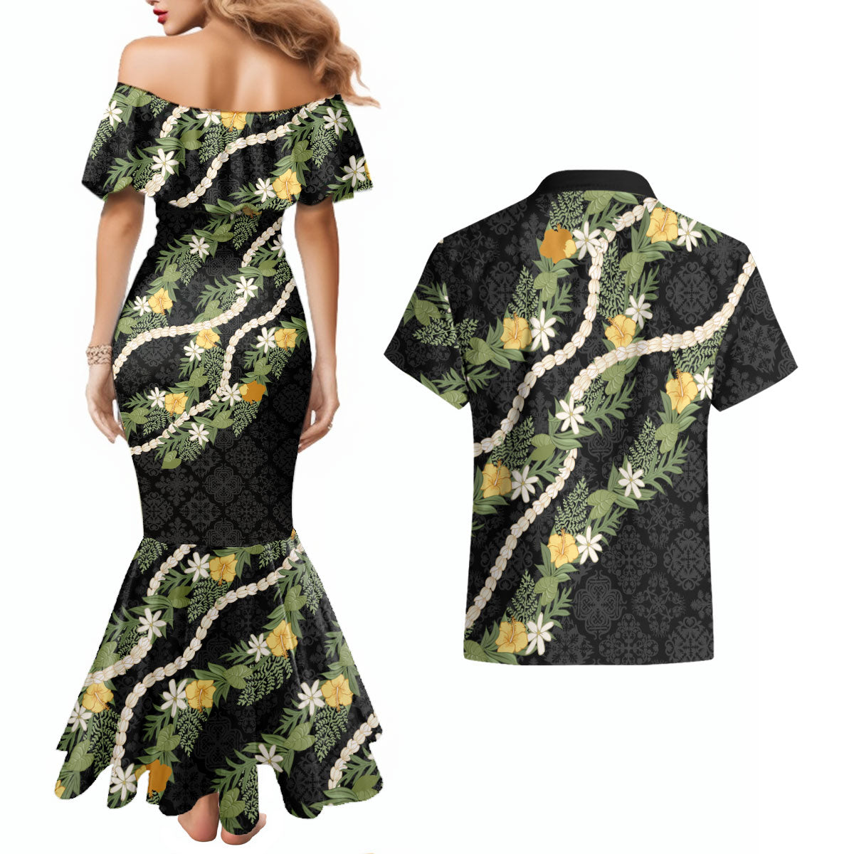 Puakenikeni Anthurium Pikake Lei Couples Matching Mermaid Dress and Hawaiian Shirt Hawaiian Quilt Pattern