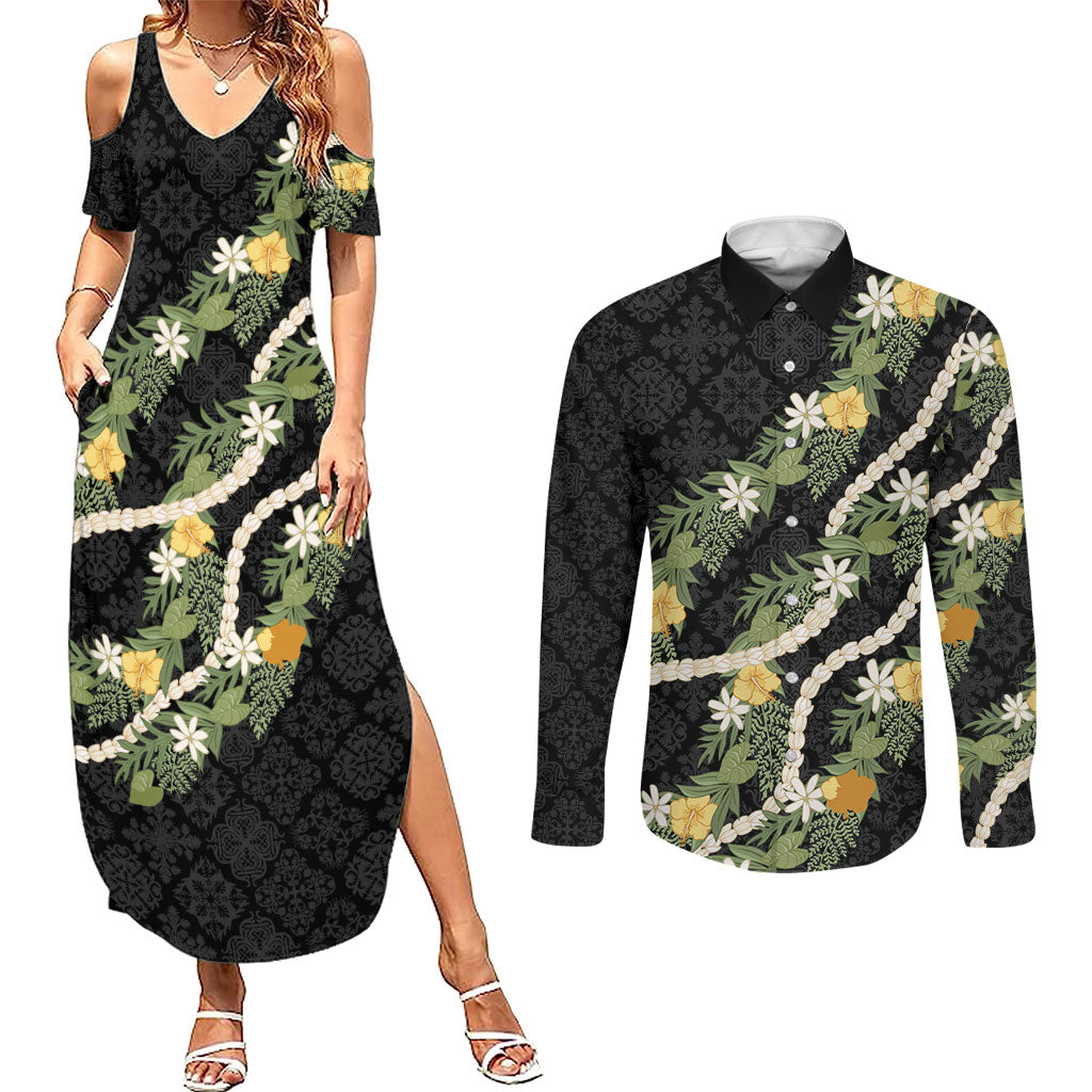 Puakenikeni Anthurium Pikake Lei Couples Matching Summer Maxi Dress and Long Sleeve Button Shirt Hawaiian Quilt Pattern