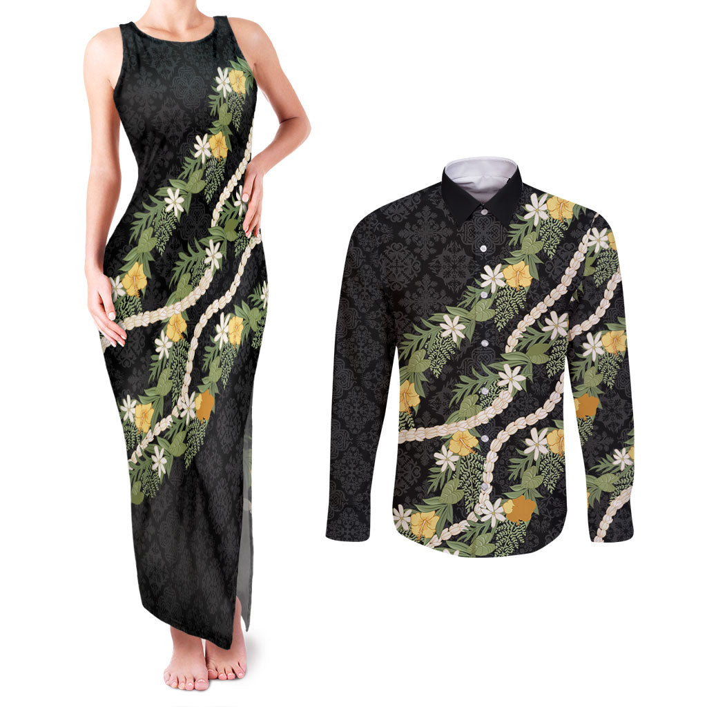 Puakenikeni Anthurium Pikake Lei Couples Matching Tank Maxi Dress and Long Sleeve Button Shirt Hawaiian Quilt Pattern