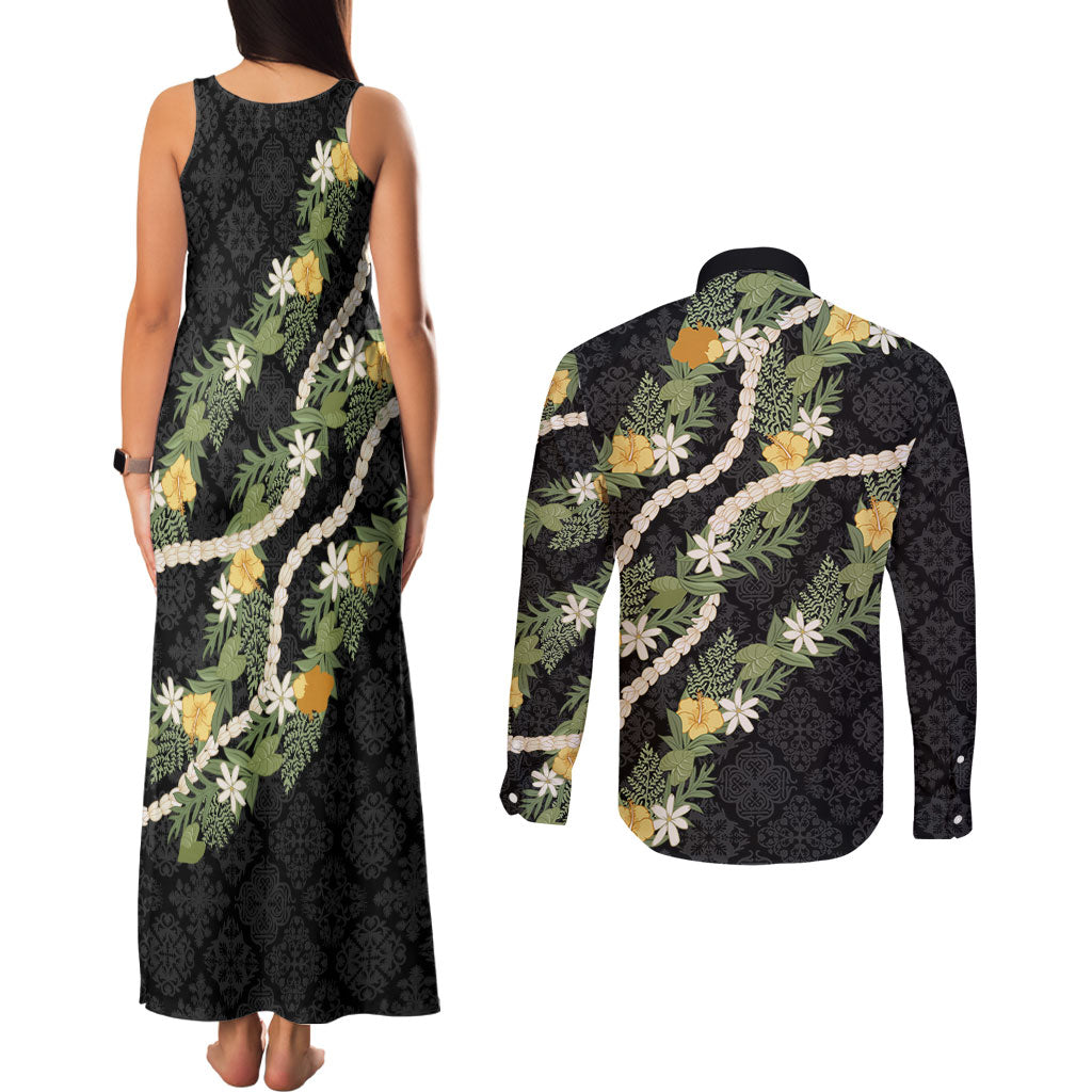 Puakenikeni Anthurium Pikake Lei Couples Matching Tank Maxi Dress and Long Sleeve Button Shirt Hawaiian Quilt Pattern