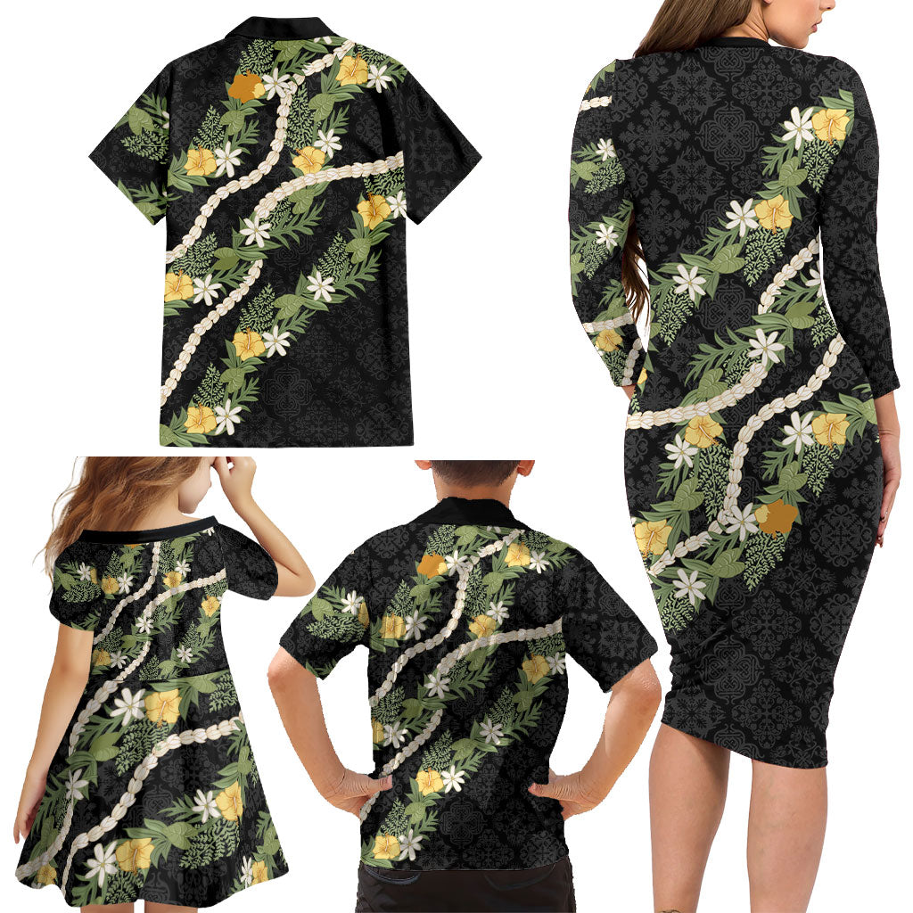 Puakenikeni Anthurium Pikake Lei Family Matching Long Sleeve Bodycon Dress and Hawaiian Shirt Hawaiian Quilt Pattern