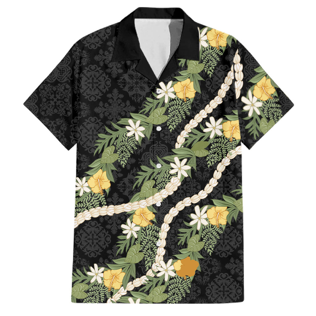 Puakenikeni Anthurium Pikake Lei Family Matching Off The Shoulder Long Sleeve Dress and Hawaiian Shirt Hawaiian Quilt Pattern LT9 Dad's Shirt - Short Sleeve Black - Polynesian Pride