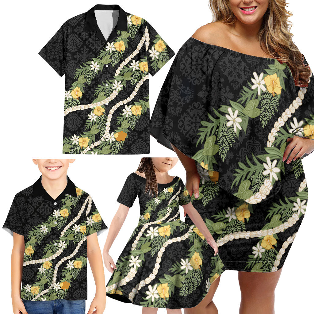 Puakenikeni Anthurium Pikake Lei Family Matching Off Shoulder Short Dress and Hawaiian Shirt Hawaiian Quilt Pattern