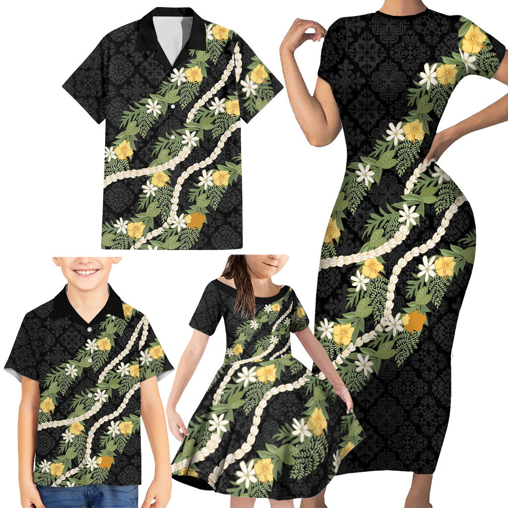 Puakenikeni Anthurium Pikake Lei Family Matching Short Sleeve Bodycon Dress and Hawaiian Shirt Hawaiian Quilt Pattern LT9 - Polynesian Pride
